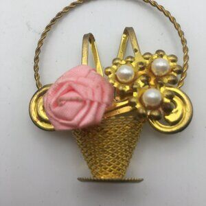 Vintage Gold Tone Floral Brooch Pin Pink Rose in Flower Basket Faux Pearls